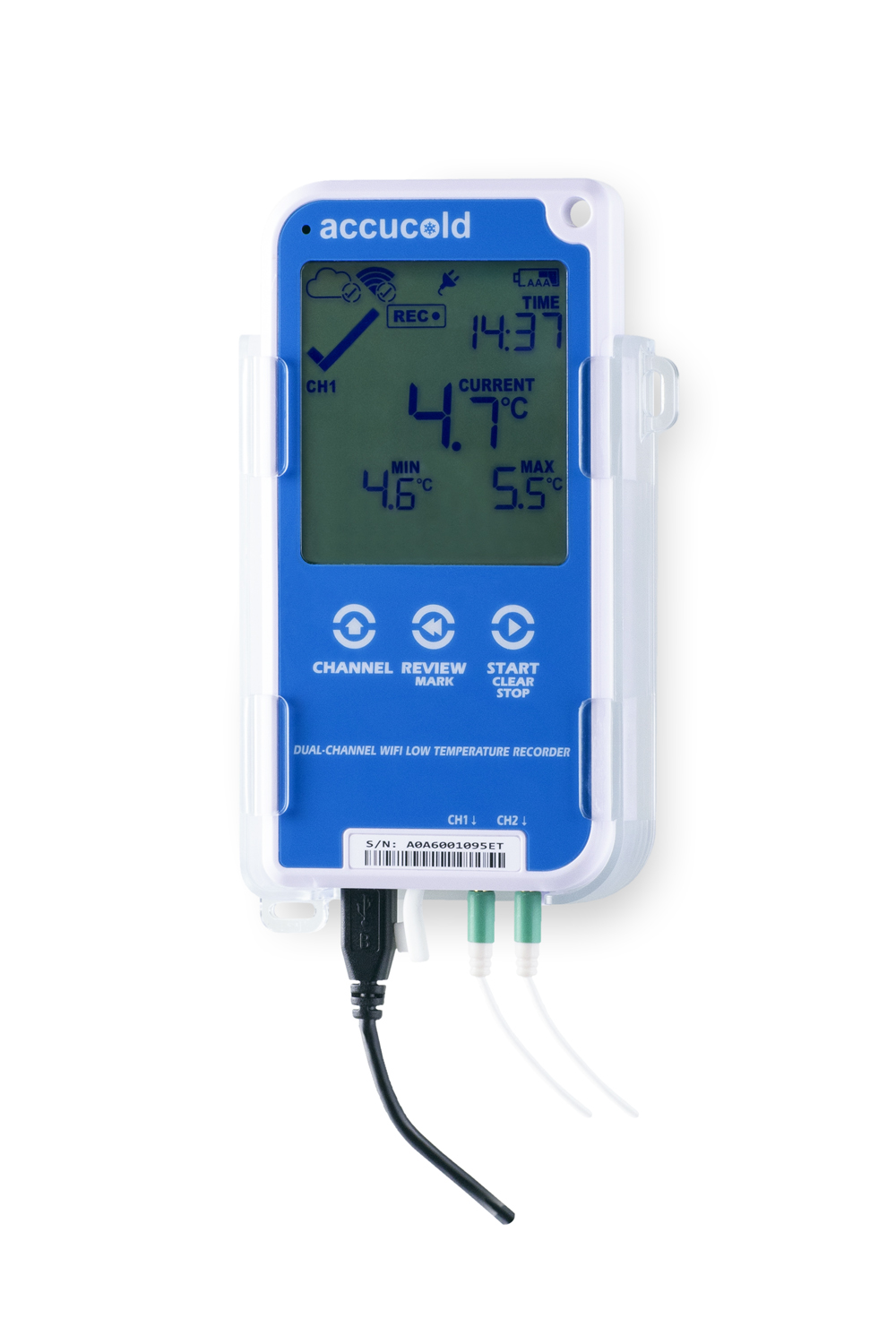 NIST calibrated wifi/Bluetooth enabled dual channel digital data logger with LCD display of the current and high/low temperature and audible/visual temperature alarm